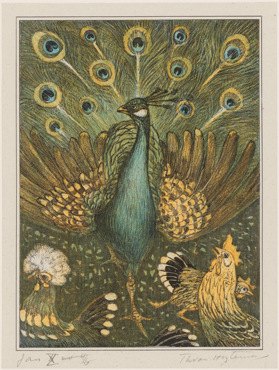 Pavão com galinhas de Theo van Hoytema (signed by artist)