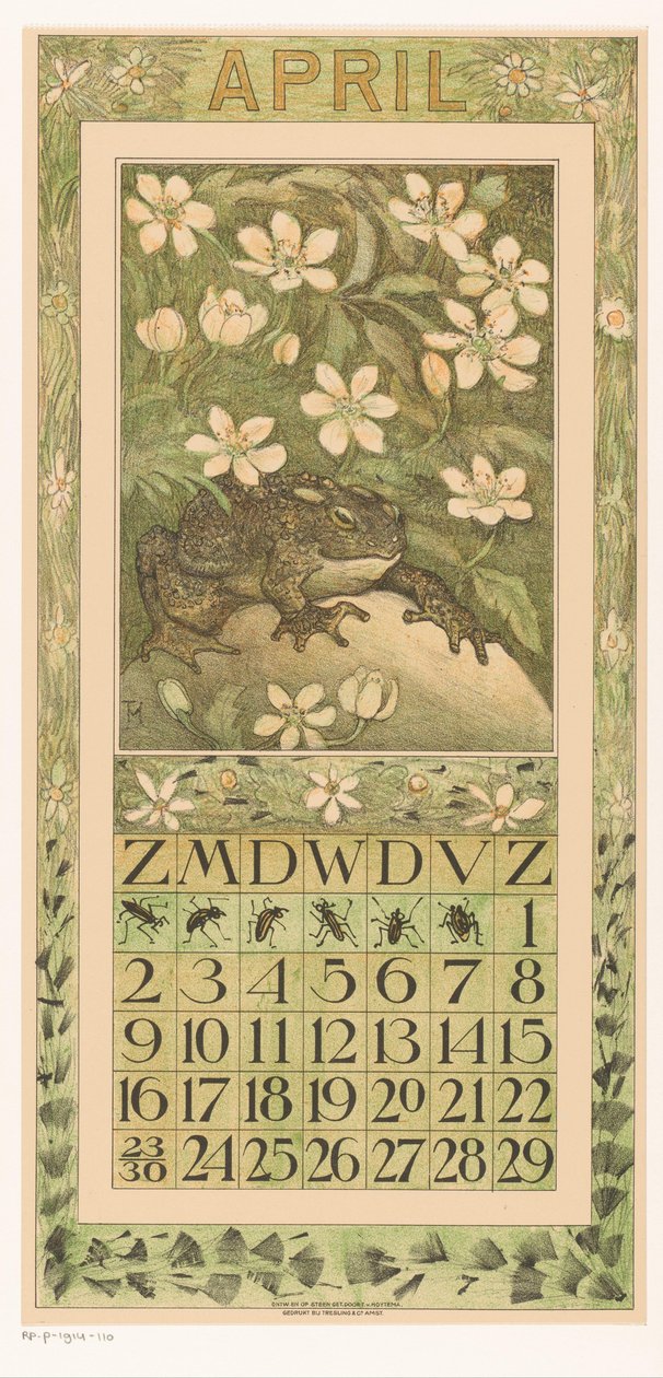 Folha de calendário de abril com sapo Calendário 1911 12 litografias de Th. v. Hoytema (título da série) Caminho sob as flores de Theo van Hoytema