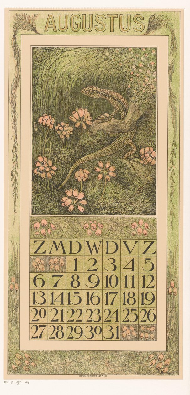 Página do calendário de Agosto com lagarto e charneca
Calendário 1911 12 litografias de Th. v. Hoytema (título da série) de Theo van Hoytema