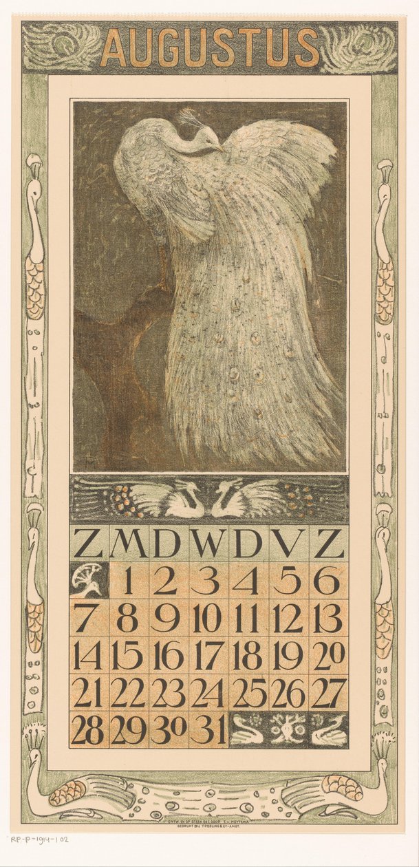 Calendário de Agosto com pavão branco
Calendário 1910 12 litografias de Th. v. Hoytema (título da série) de Theo van Hoytema