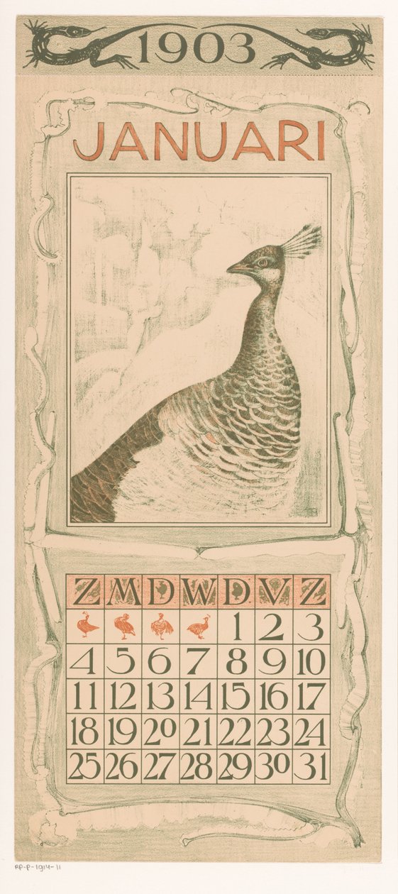 Calendário de Janeiro com pavão
Calendário 1903 12 litografias de Th. v. Hoytema (título da série) de Theo van Hoytema