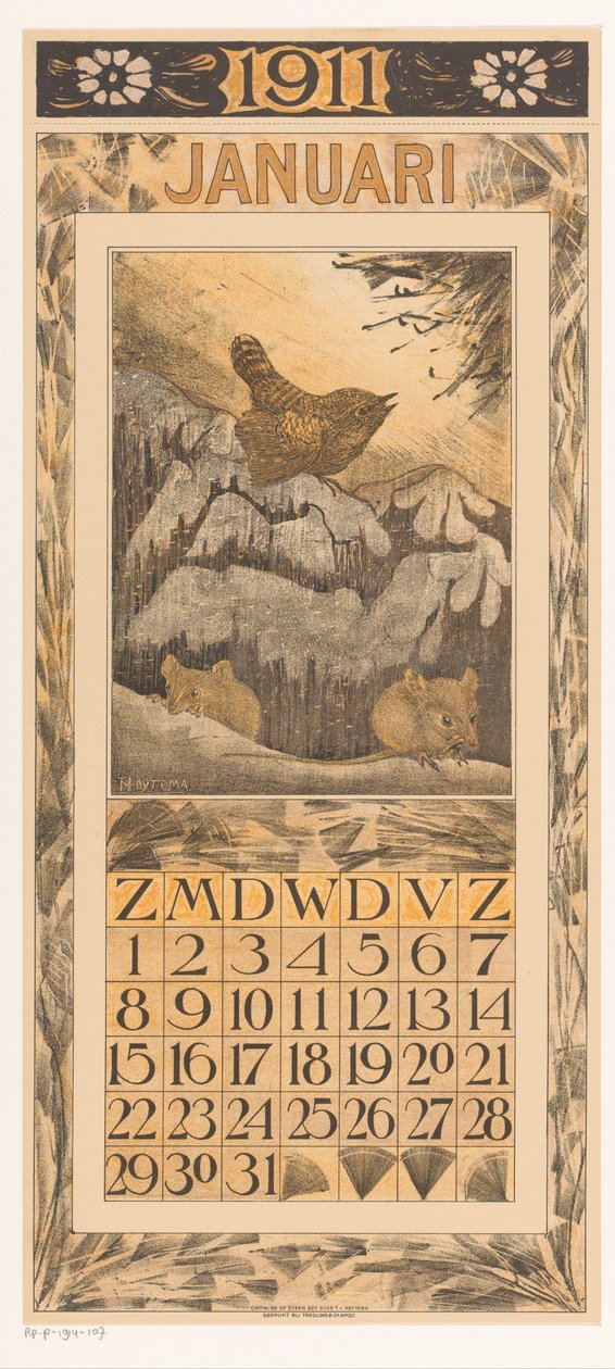 Calendário de Janeiro com wren e ratos
Calendário 1911 12 litografias de Th. v. Hoytema (título da série) de Theo van Hoytema