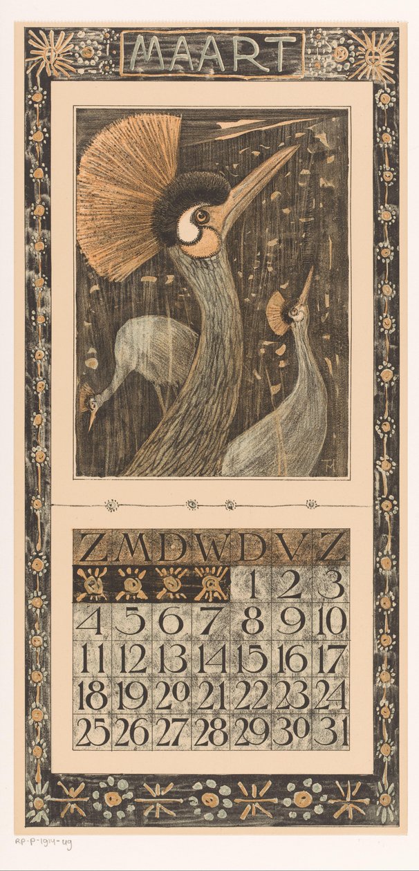 Folha de calendário março com guindastes de coroa Calendário 1906 12 litografia por Th. v. Hoytema (título da série) de Theo van Hoytema