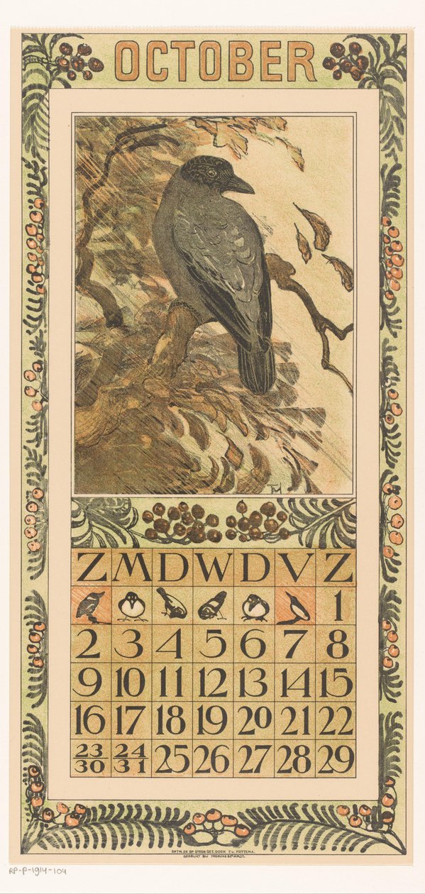 Página do calendário de outubro com corvo colorido Calendário 1910 12 litografias de Th. v. Hoytema (título da série) de Theo van Hoytema