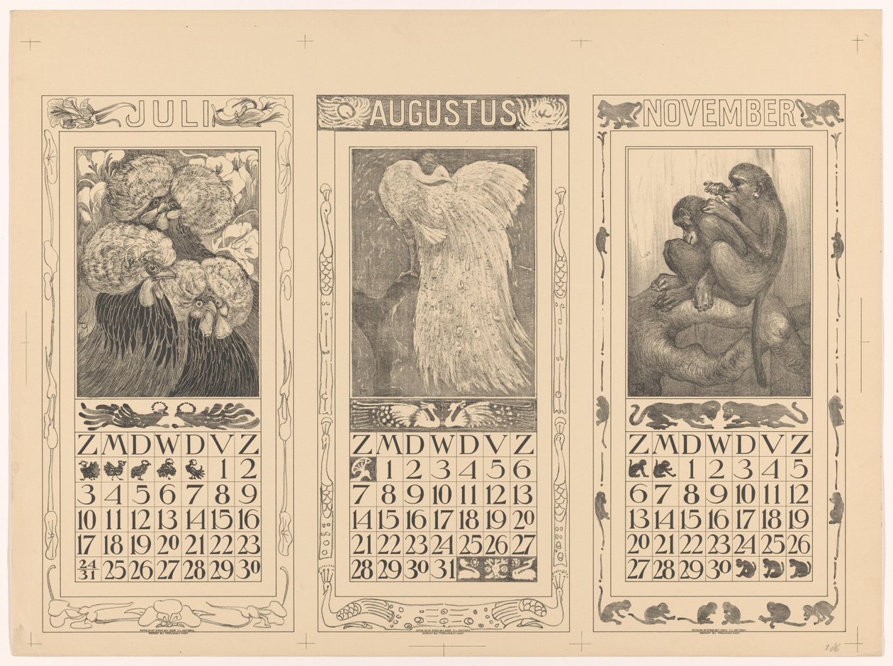 Calendários para julho, agosto e novembro de 1910 de Theo van Hoytema
