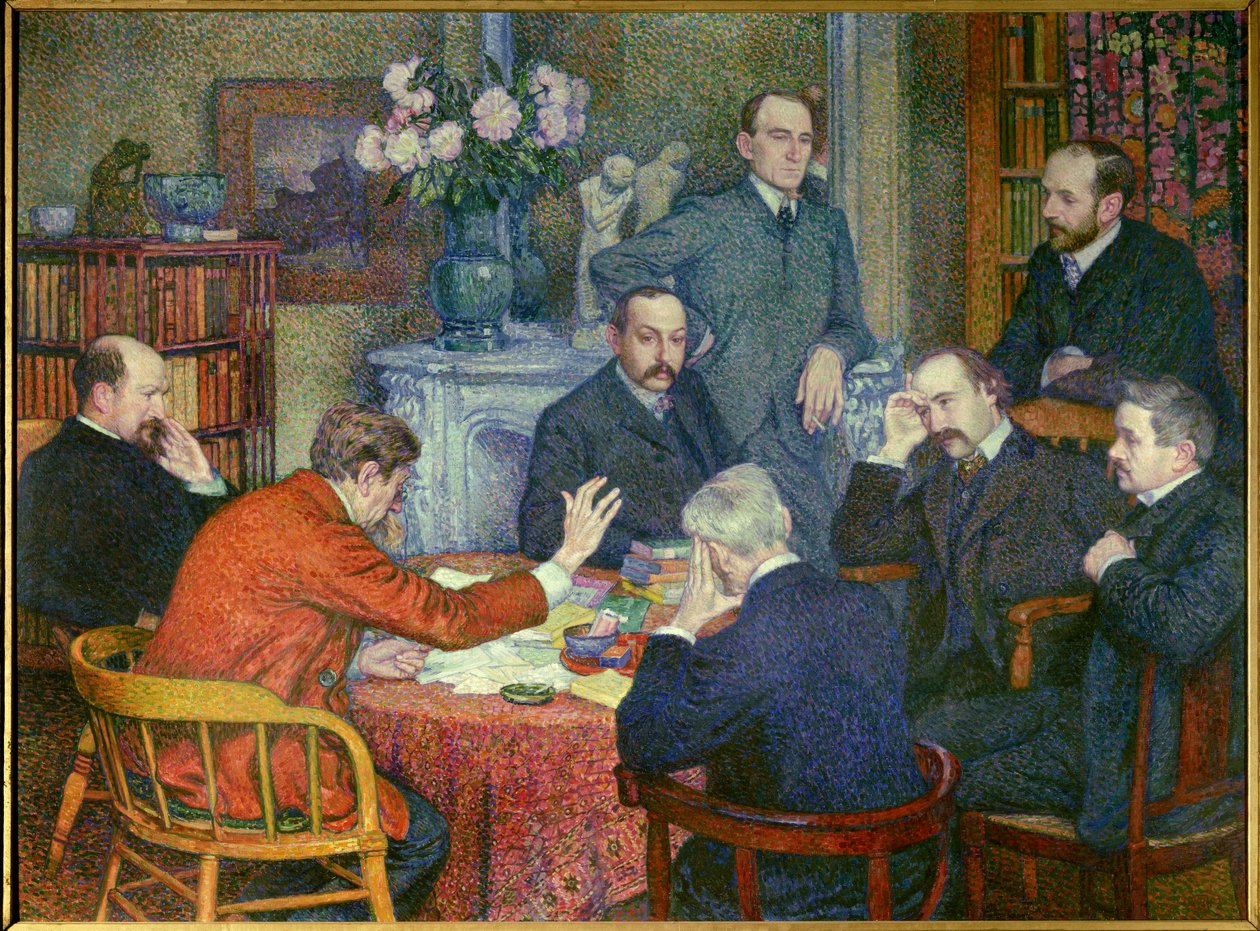 La Lecture (1903), encenada em torno de Emile Verhaeren (1855-1916), poeta socialista belga, pintor Cross, os escritores Maurice Maeterlinck, Andre Gide e Francis Viele-Griffin, o biólogo Henri Gheon, o médico Felix Le Dantec e Felix Feneon que fuma um cig de Théo van Rysselberghe