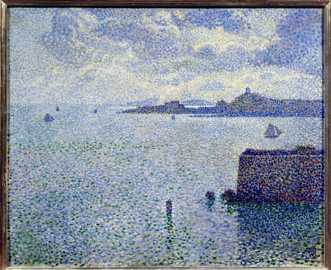 Barcos à vela e estuário. Pintura de Theodore Van Rysselberghe (1862-1926), Bel. de Théo van Rysselberghe