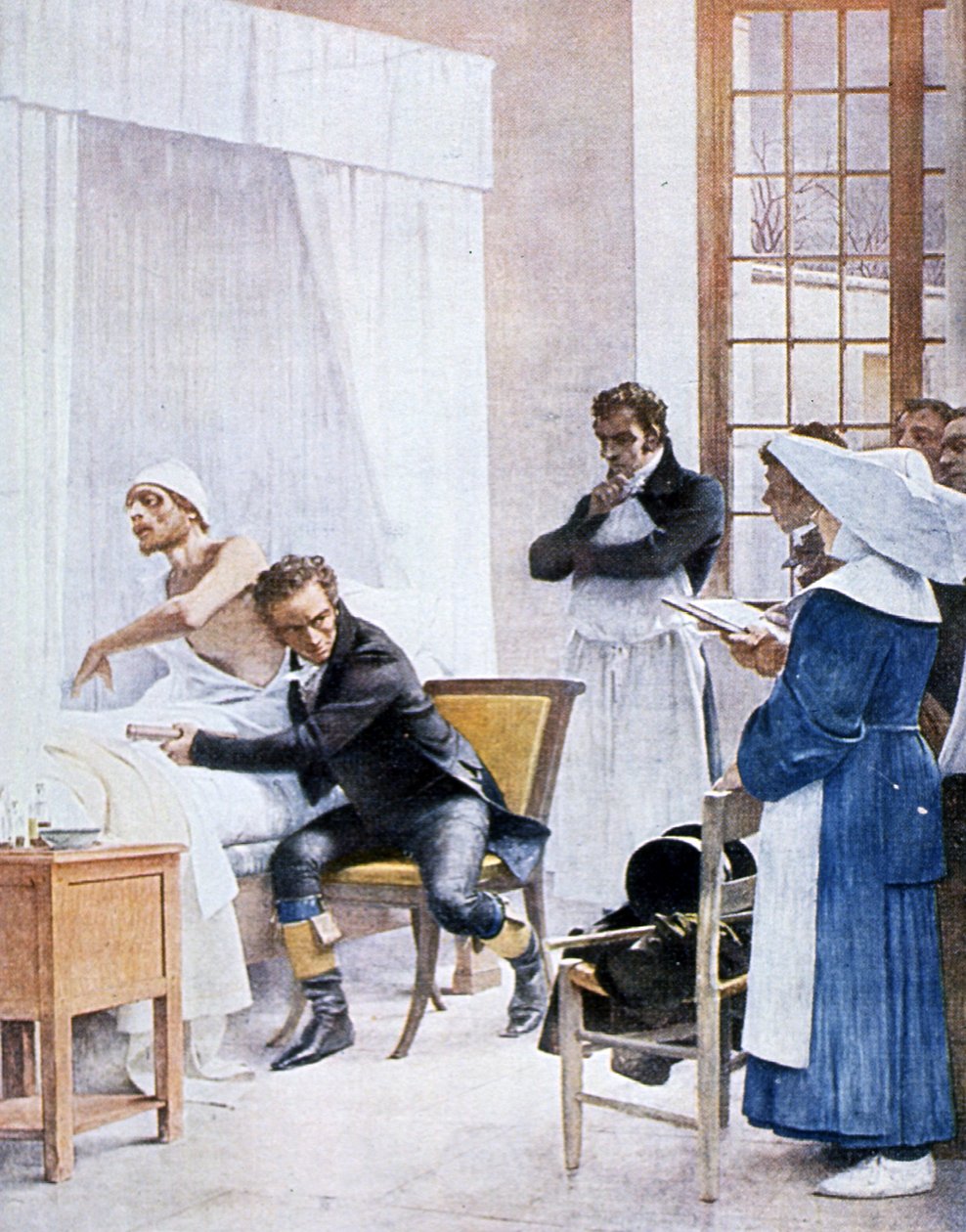 René Laënnec (1781-1826) ouvindo o peito de um homem com consumo, no Hospital Necker, 1816 de Theobald Chartran