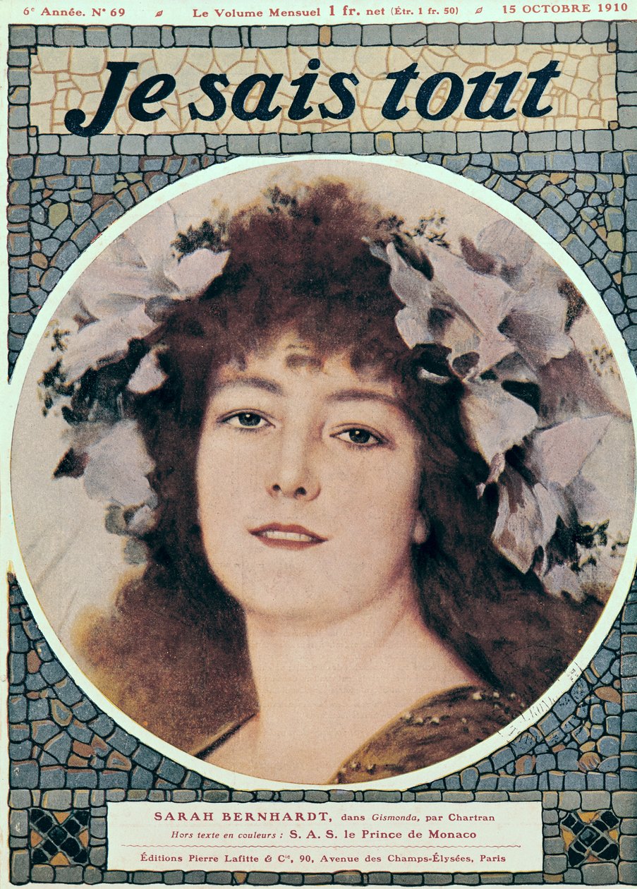 Sarah Bernhardt (1844-1923) em Gismonda por Victorien Sardou (1831-1908) capa de &39;I Know All&39;, 15 de outubro de 1910 de Theobald Chartran
