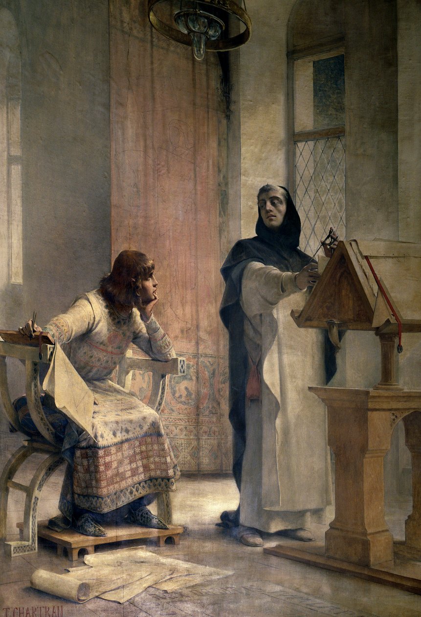 Luís IX (1214-1270), antes de se tornar rei da França, estudou matemática com Vicente de Beauvais (1190-1264), irmão dominicano, na abadia de Royaumont. Pintura de Theobald Chartran (1849-1907). Paris, La Sorbonne de Theobald Chartran
