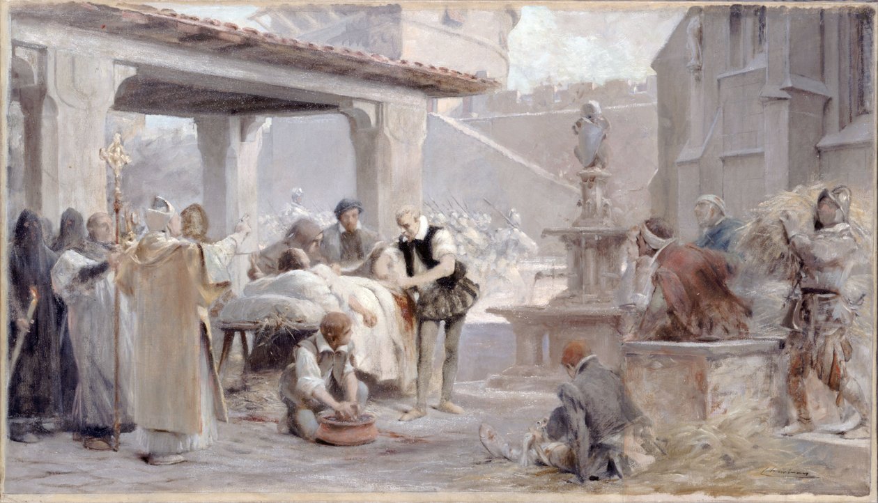 Esboço para a escadaria da Sorbonne: Ambroise Paré no cerco de Metz, cerca de 1888 (lápis, óleo sobre tela) de Theobald Chartran