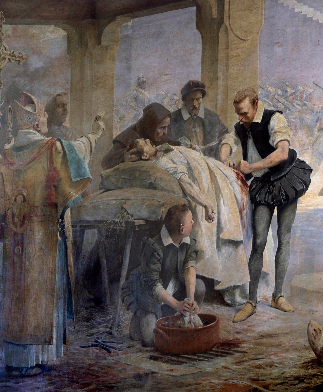 O médico Ambroise Pare (1509-1590) pratica a ligadura das artérias em um harquebusher ferido durante o cerco de Metz por Charles V em 1553 Detalhe. Pintura de Theobald Chartran (1849-1907) de Theobald Chartran