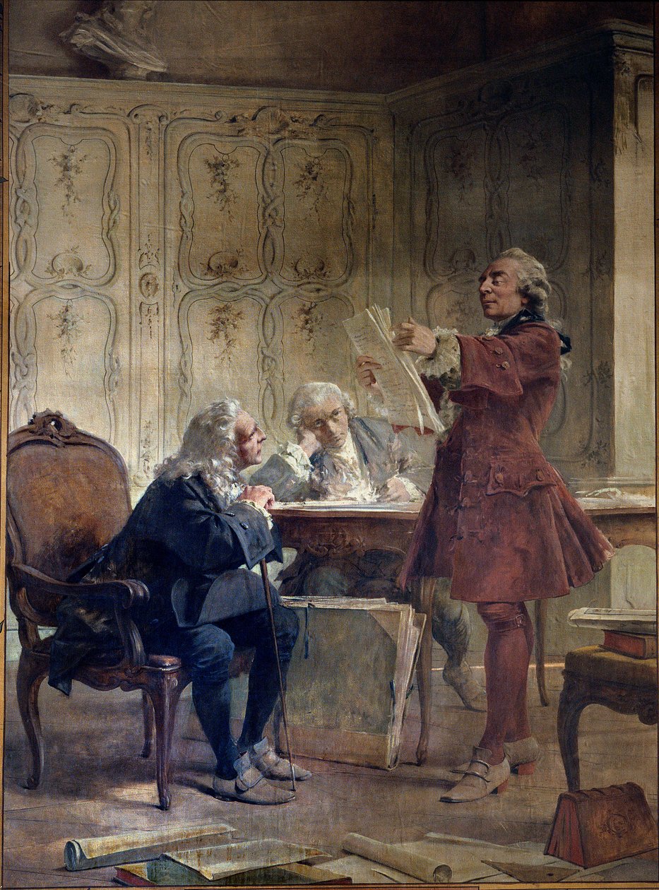 O naturalista e pretendente do Jardin du roi Georges-Louis Leclerc, Conde de Buffon (1707-1788) lê as primeiras folhas de sua história natural em frente ao botânico Bernard de Jussieu (1699-1777) e ao naturalista Edme-Louis Daubenton (1732-17 de Theobald Chartran