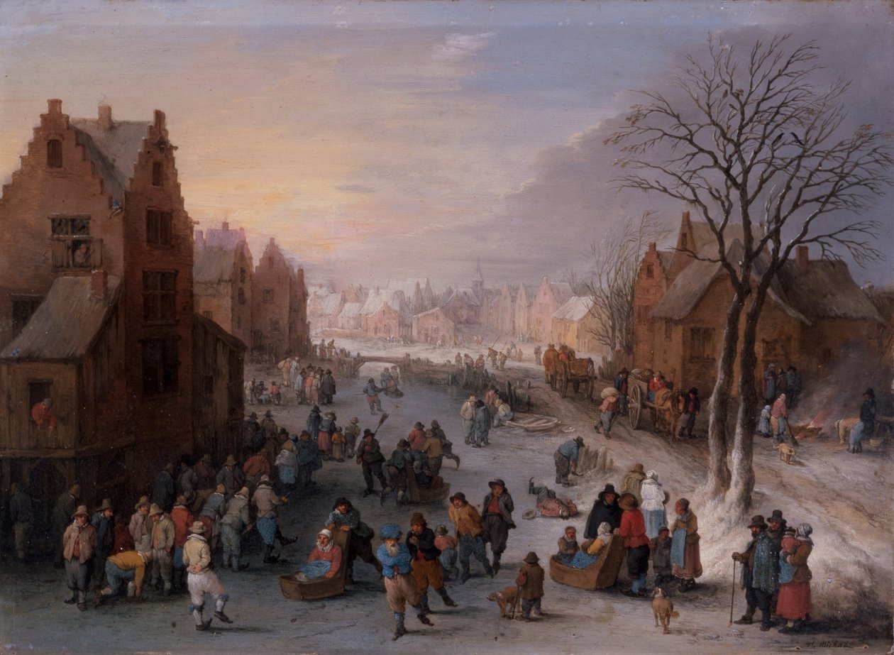 Uma Wintertownscape com numerosas figuras de Theobald Michau