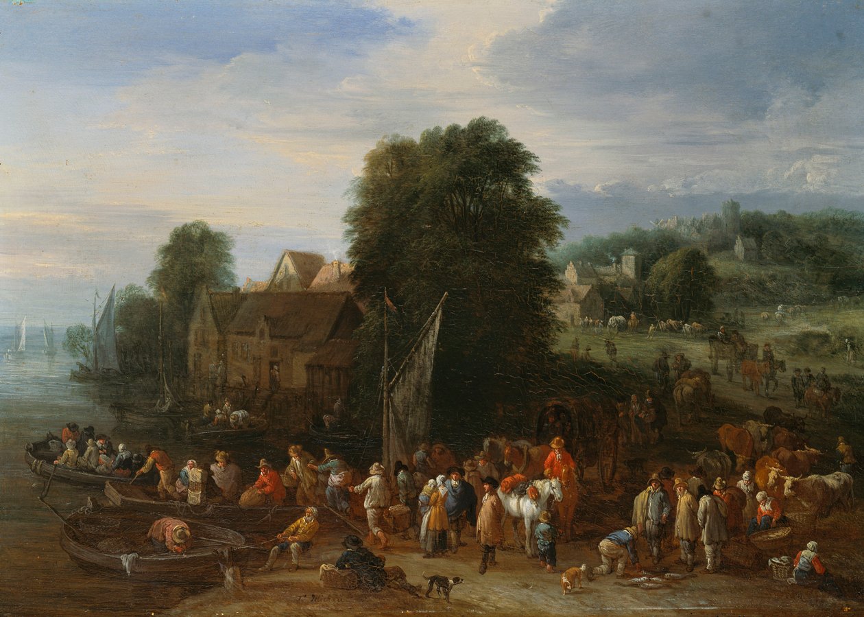 Viajantes embarcando em uma balsa (óleo no painel) de Theobald Michau