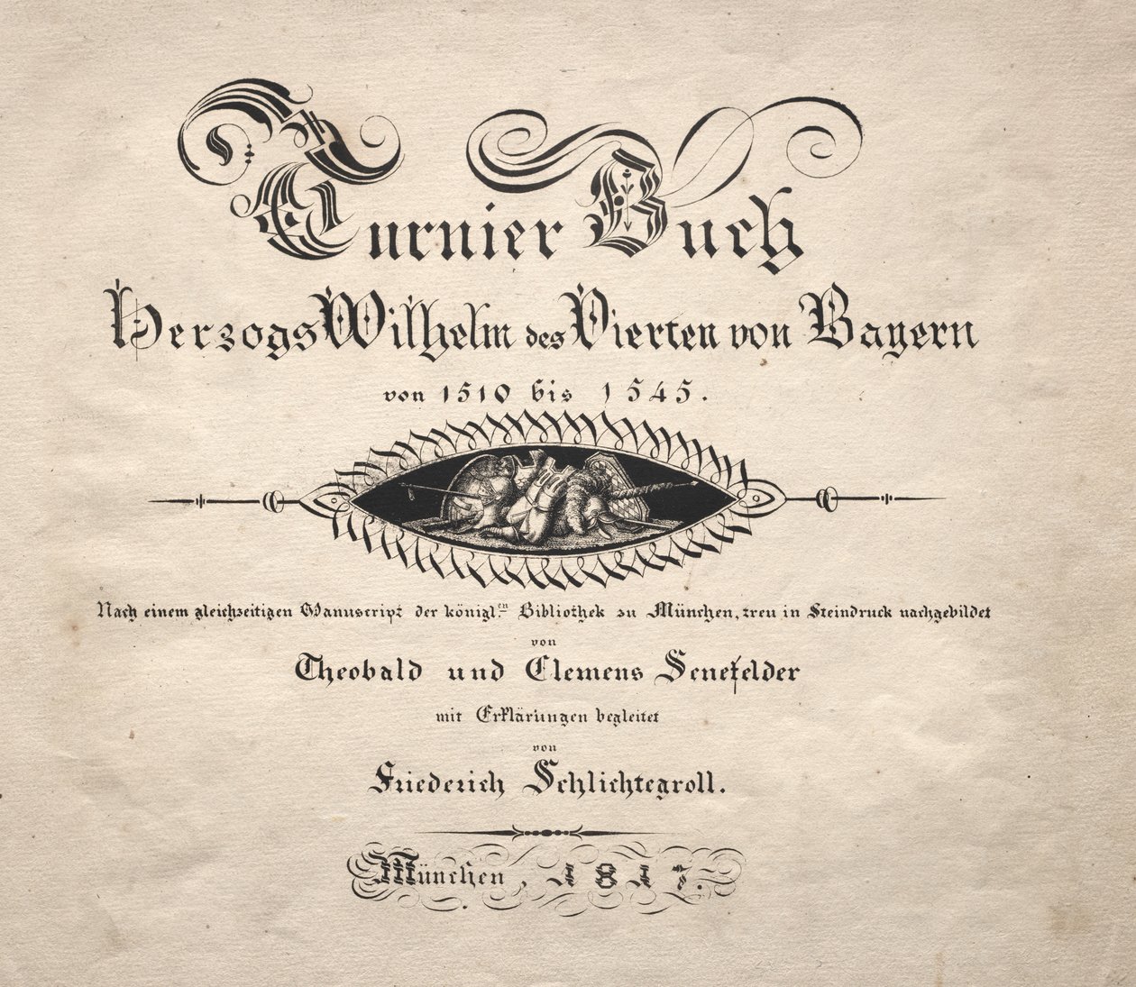 Livro sobre torneios: página de rosto de Theobald Senefelder