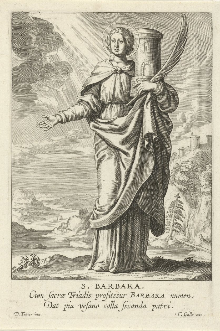 Santa Bárbara
S. Santa Bárbara (título sobre o objecto)
Santos femininos (título da série)
Speculum Illustratum Virginum (título da série) de Theodoor Galle