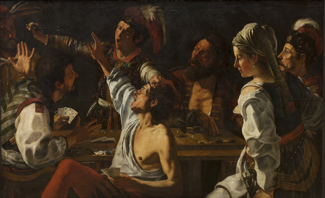 Jogadores de cartas e gamão. Lute por cartas de Theodoor Rombouts