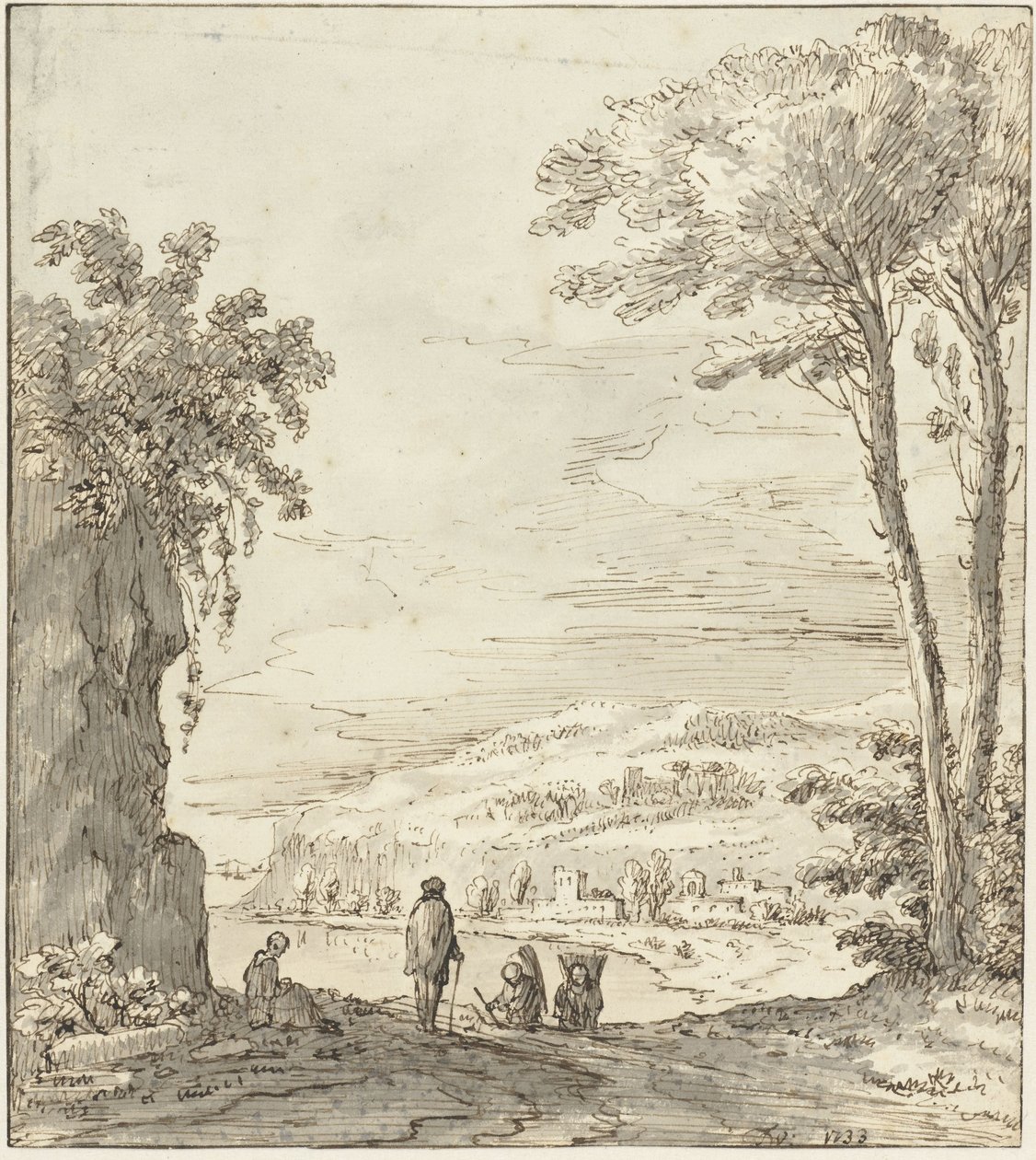 Paisagem fluvial italiana com caminhantes à beira de uma rocha de Theodoor Wilkens