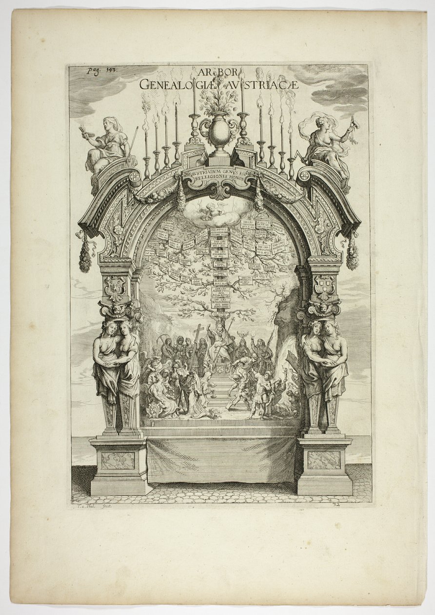 Árvore genealógica da família real austríaca, placa 32 de Casperius Gevartius, entrada triunfal do mais sereno e honorável cardeal-infante Fernando de Theodoor van Thulden