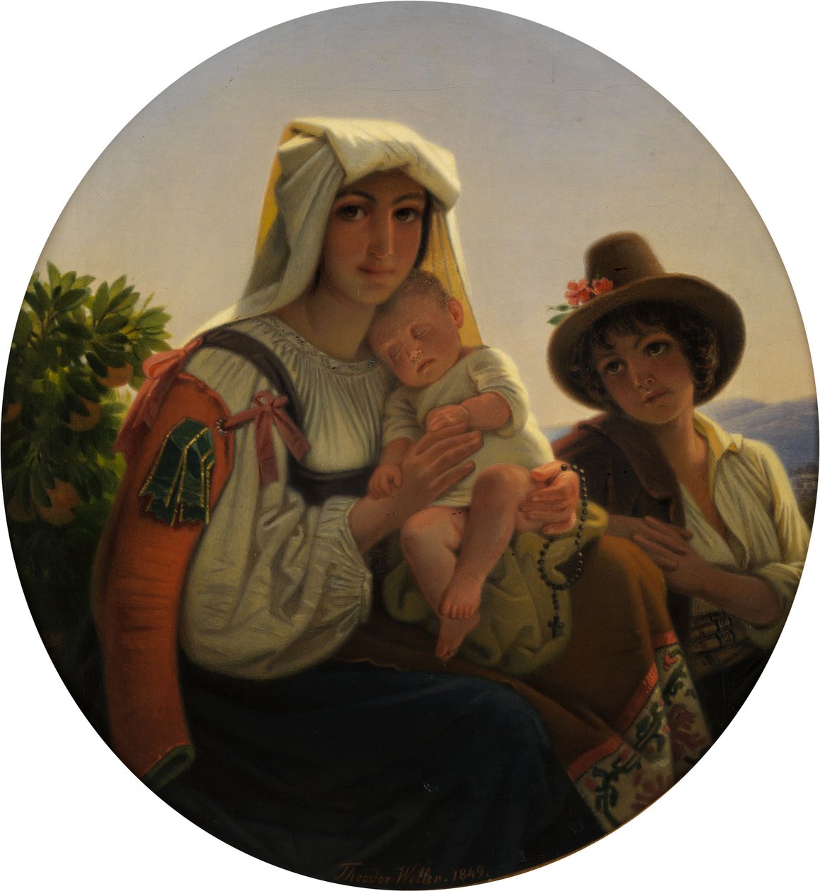 Mãe italiana com criança e menino em um campo de Theodor Leopold Weller