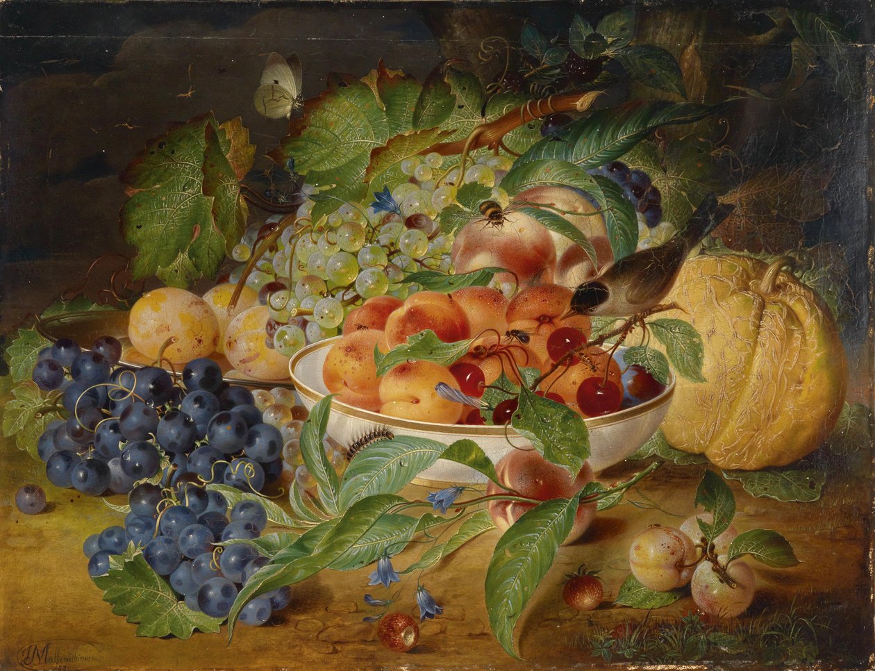 Fruta ainda vida com uvas, pêssego e abóbora de Theodor Mattenheimer