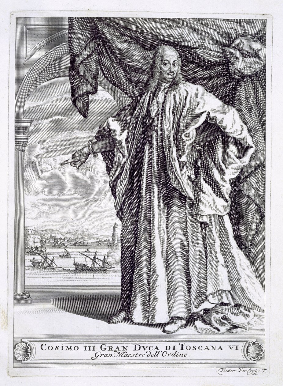 Retrato de Cosimo III de Medici (1642-1723), frontispício de I Pregi della Toscana, de Fulvio Fontana, publicado em 1701 de Theodor Verkruis