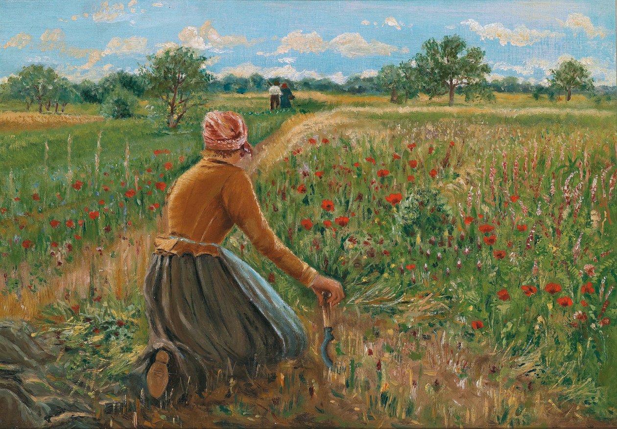 Ajoelhando-se esposa do fazendeiro com foice de Theodor von Hormann