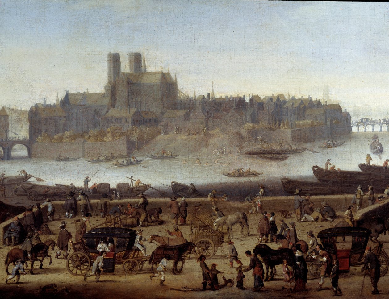 Le quai et le pont de la Tournelle à Paris Detail. Vista das docas e da ilha de La Cite. Pintura atribuída a Theodor Matham (1606-1676) 1646 Paris, musee Carnavalet de Theodor (attr. to) Matham