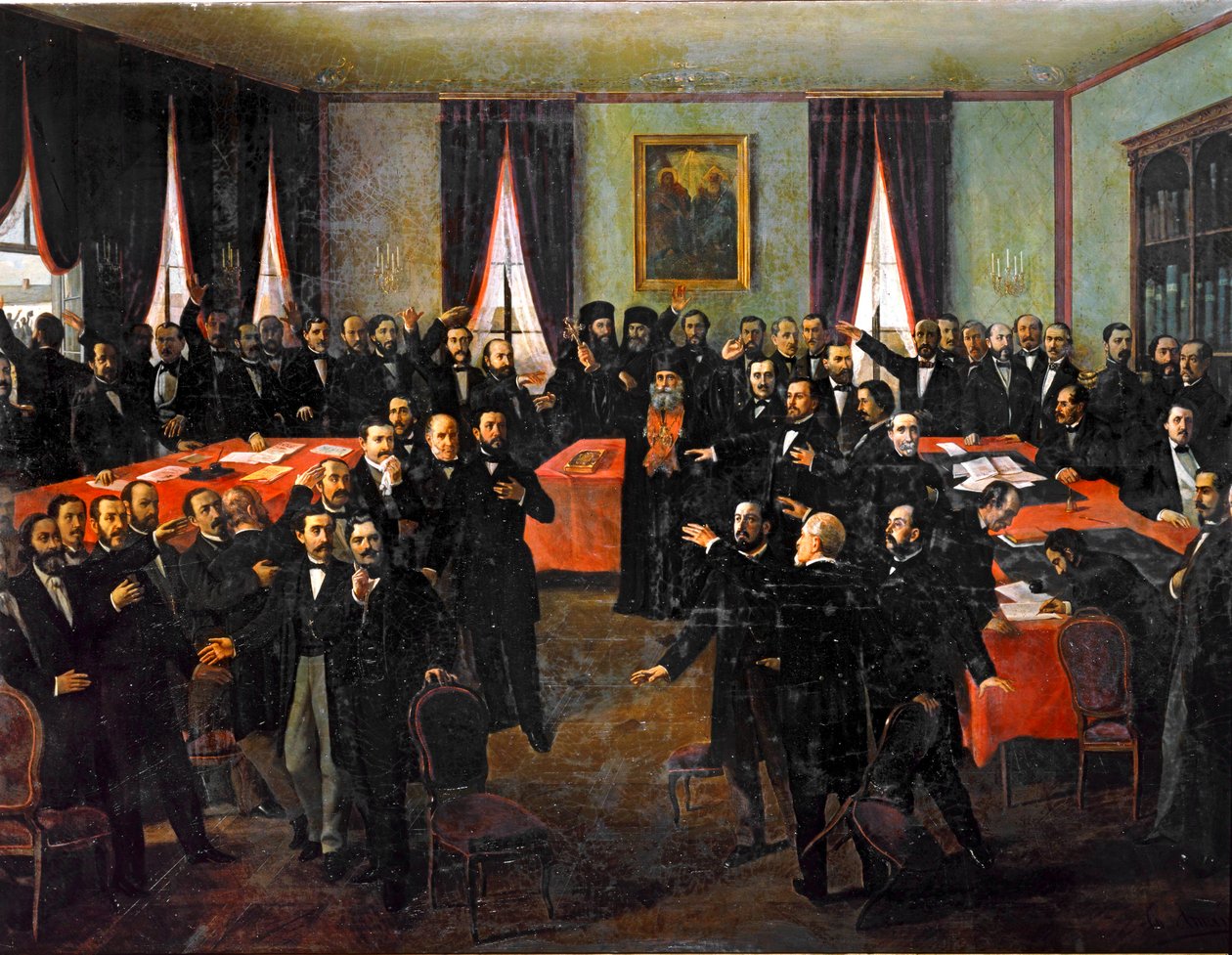 Proclamação da união dos principados da Roménia ... (pintura sobre tela) de Theodor Aman