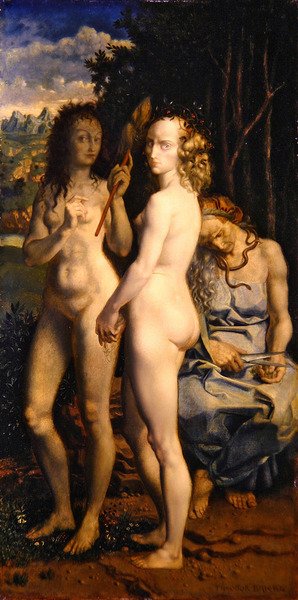 Die Parzen (Os Três Destinos) (óleo sobre painel) de Theodor Baierl