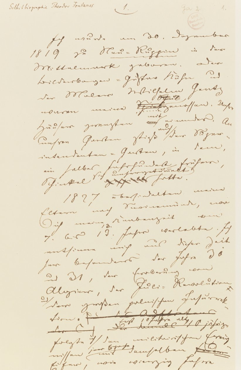 Página da autobiografia de Fontane (caneta e tinta sobre papel) de Theodor Fontane