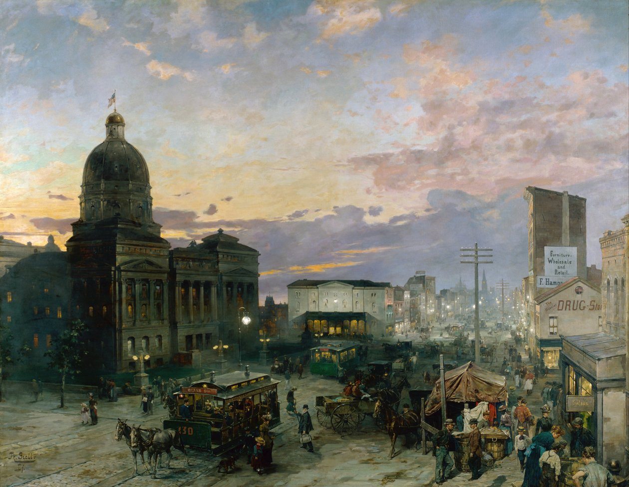 ""Vista da Washington Street em Indianápolis ao crepúsculo"" Pintura de Theodor Groll (1857-1913) 1892-1895 Museu de arte de Indianápolis Indiana Estados Unidos de Theodor Groll