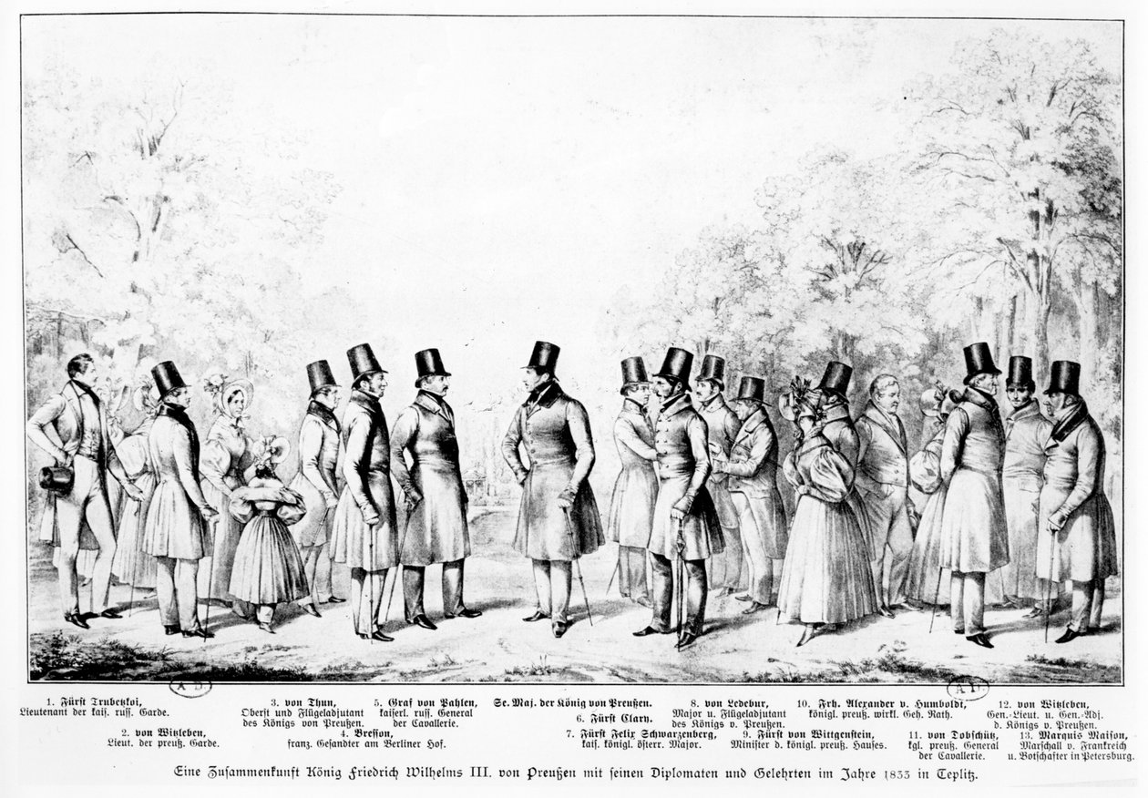 O rei Friedrich Wilhelm III da Prússia reuniu-se com diplomatas, soldados e homens instruídos na cidade termal de Teplitz em 1833, 1833 de Theodor Hosemann