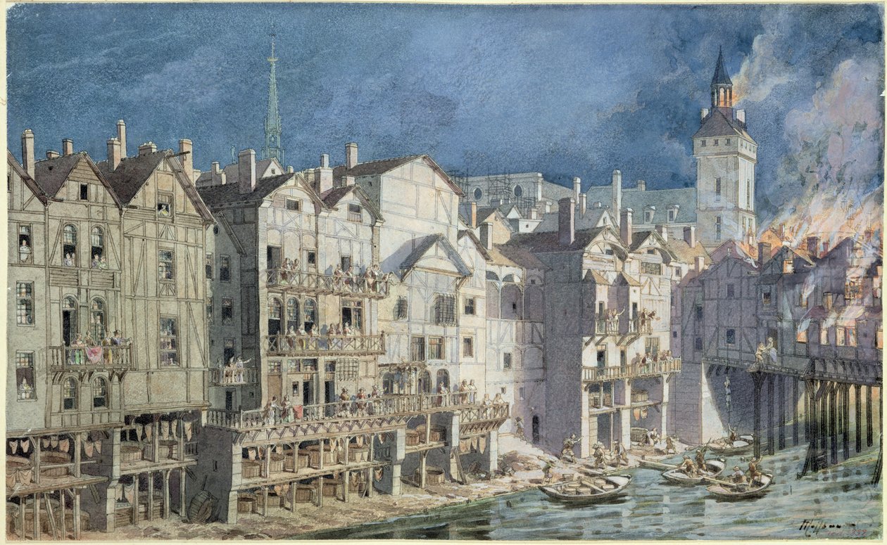 Incêndio no Pont aux Meuniers em 1621 (caneta e tinta no papel) de Theodor Josef Hubert Hoffbauer