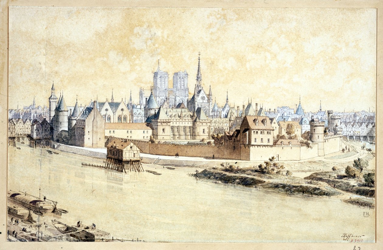 Le Palais et la Cité em 1530 (Composição retrospectiva) (caneta e tinta e aquarela sobre papel) de Theodor Josef Hubert Hoffbauer