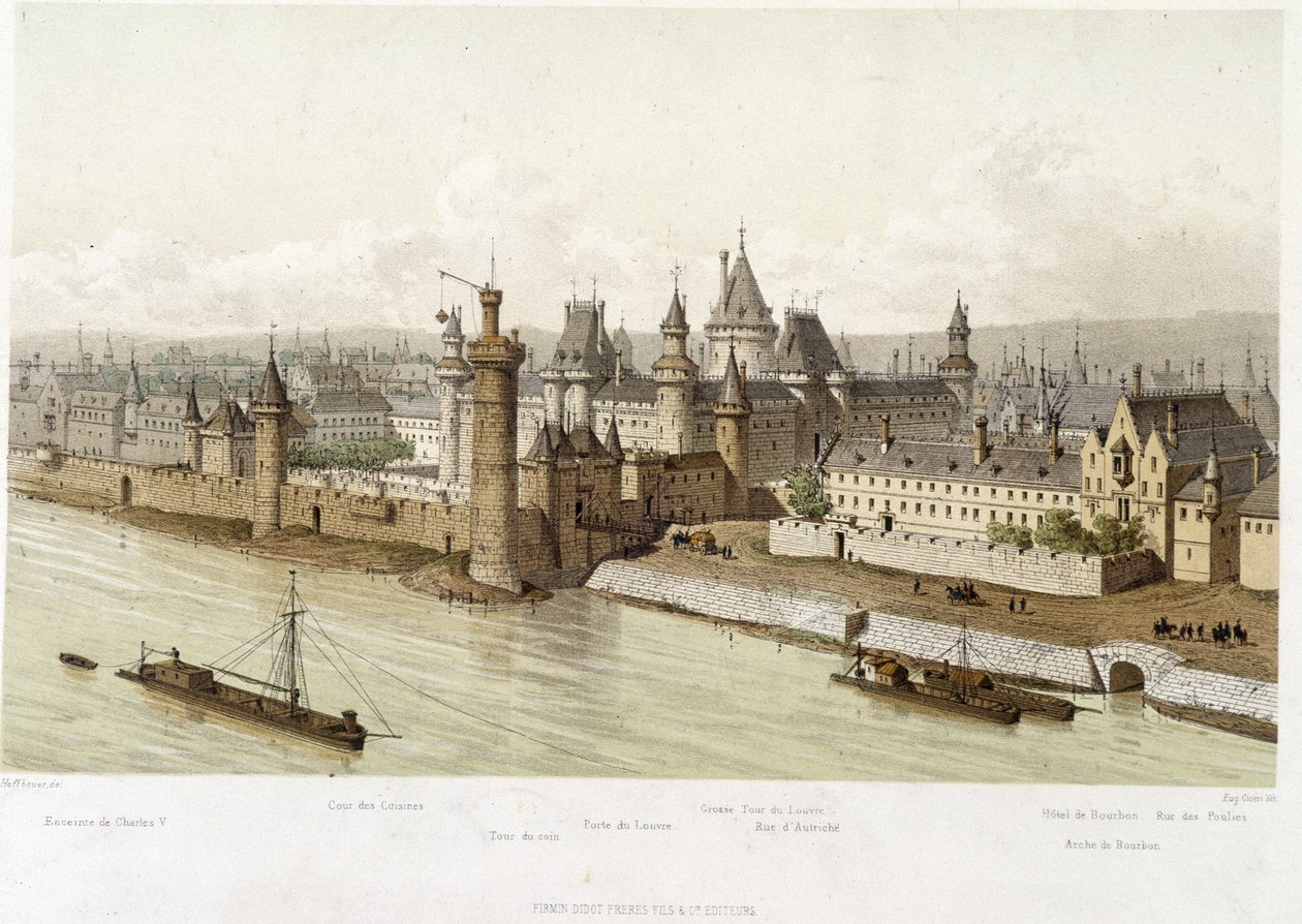 O Louvre na época de Charles V (cerca de 1380) - em "Paris do século XIII até os dias de hoje" por Hoffbauer, ed. Firmin Didot & Cie de Theodor Josef Hubert Hoffbauer