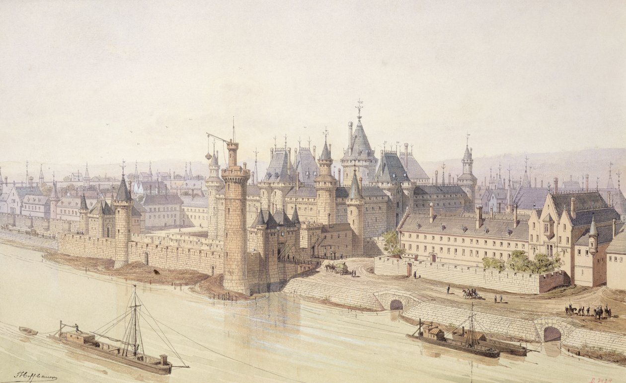 O Louvre durante o reinado de Charles V (1337-80) &39;The Wise&39; (caneta e tinta no papel) de Theodor Josef Hubert Hoffbauer
