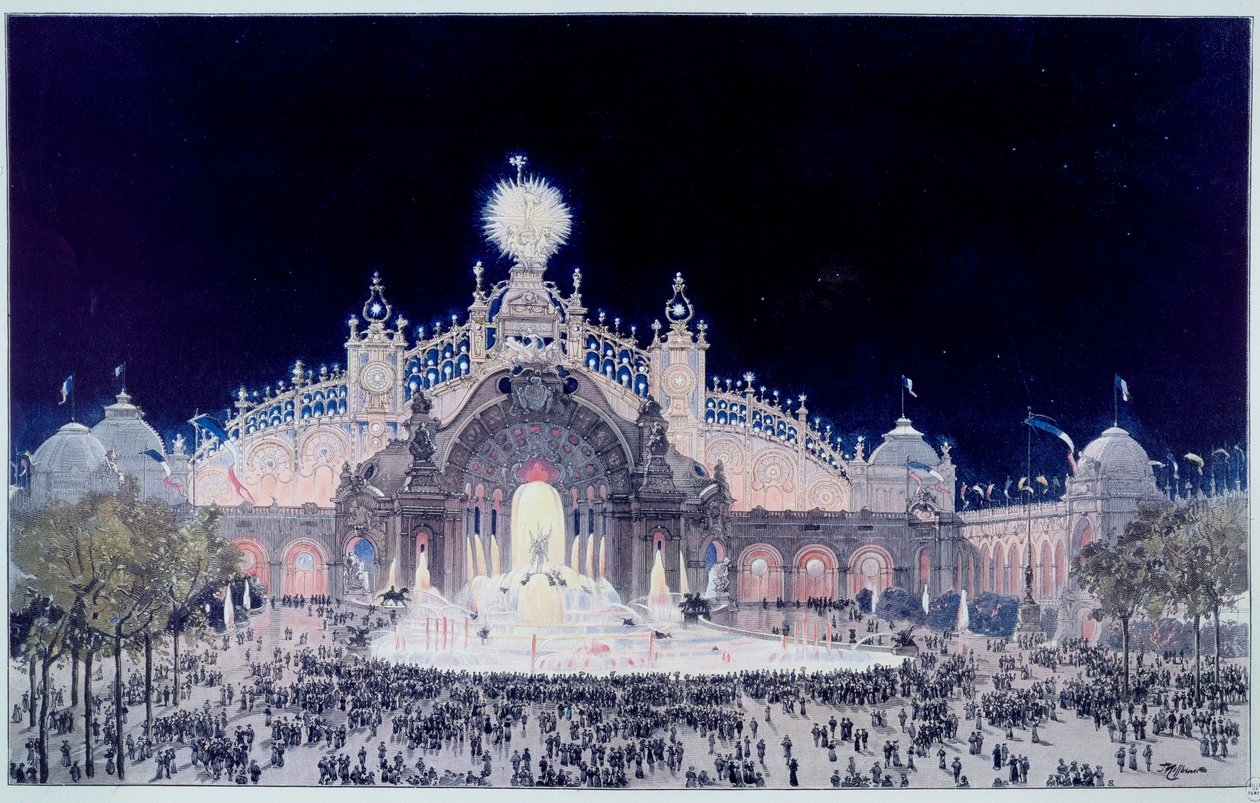 Exposição Universal: "Vista do Palácio da Electricidade e do Castelo da Água em Paris em 1900" Impressão de Theodore Joseph Hubert Hoffbauer (1839-1922) conhecido como Fedor Hoffbauer. 1900 Paris, Musee Carnavalet de Theodor Josef Hubert Hoffbauer