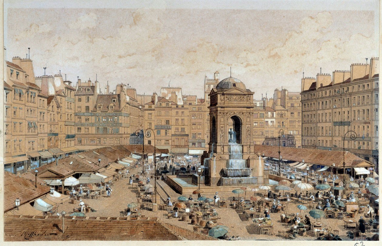 Vista da Marche e da Fonte dos Inocentes em Paris no século XIX. Aguarela de Theodore Joseph Hubert Hoffbauer (1839-1922) Século XIX Paris, Musee Carnavalet de Theodor Josef Hubert Hoffbauer