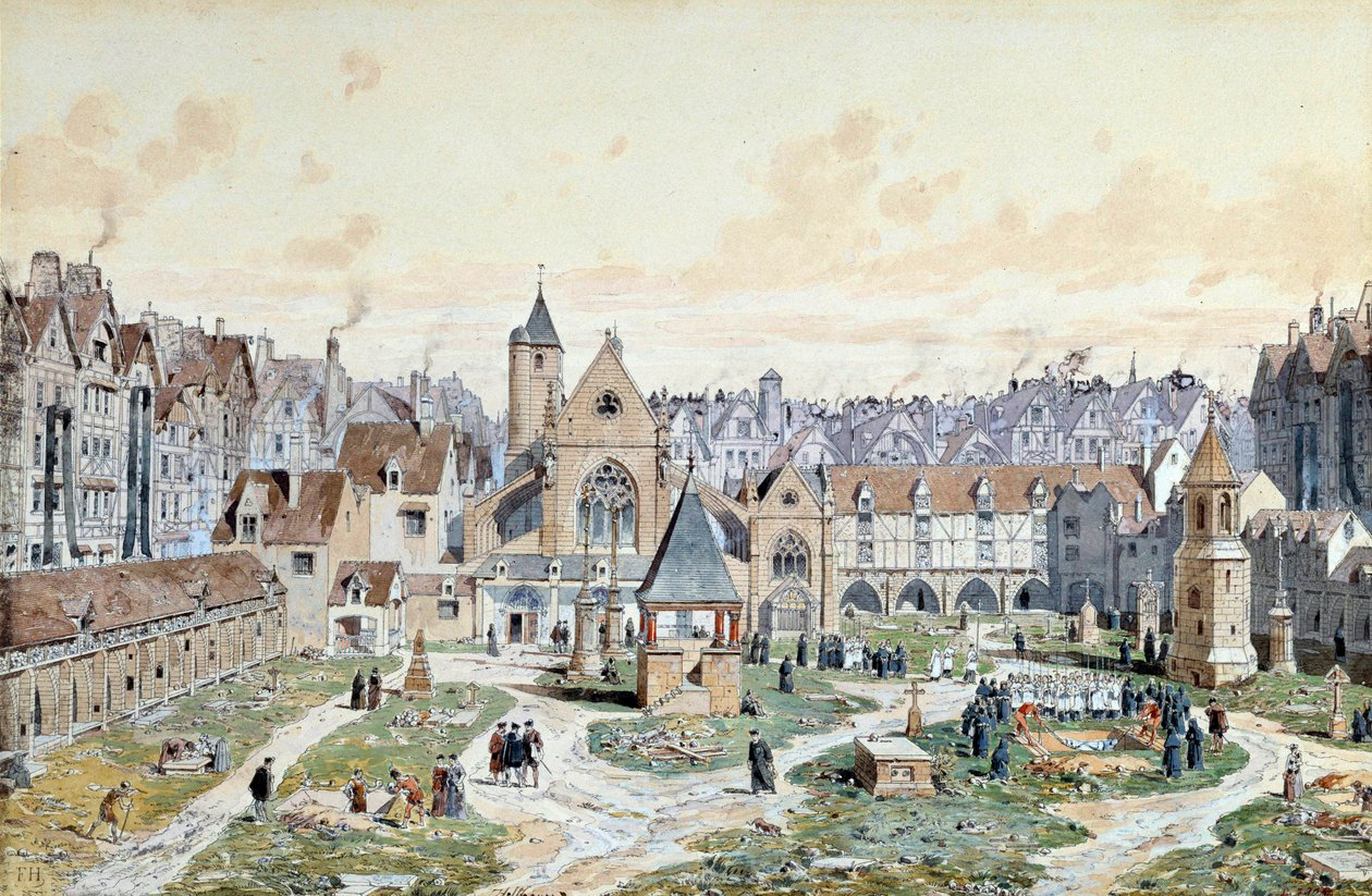 Vista do cemitério dos Inocentes em Paris, em 1550. Aquarela de Theodore Joseph Hubert Hoffbauer (1839-1922) Paris do século XIX, Musee Carnavalet de Theodor Josef Hubert Hoffbauer