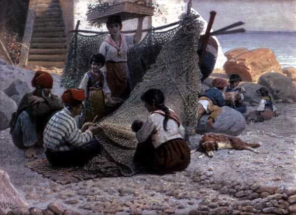 Pescadores que consertam redes em Capri de Theodor Leopold Weller