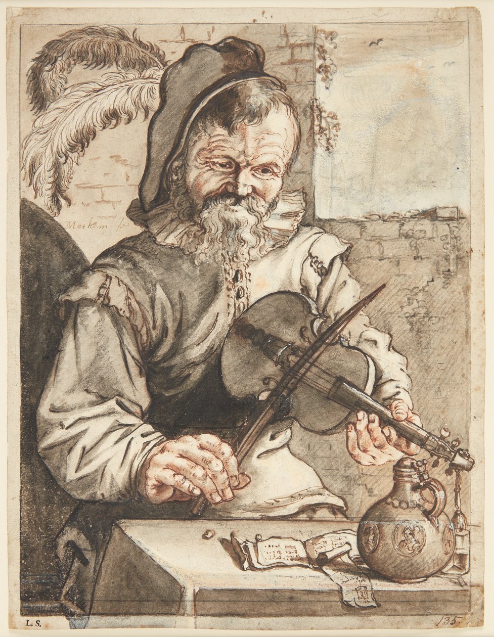 Um violinista, meia figura en face, sentado diante de uma mesa com partituras, um tambor e um copo de Theodor Matham