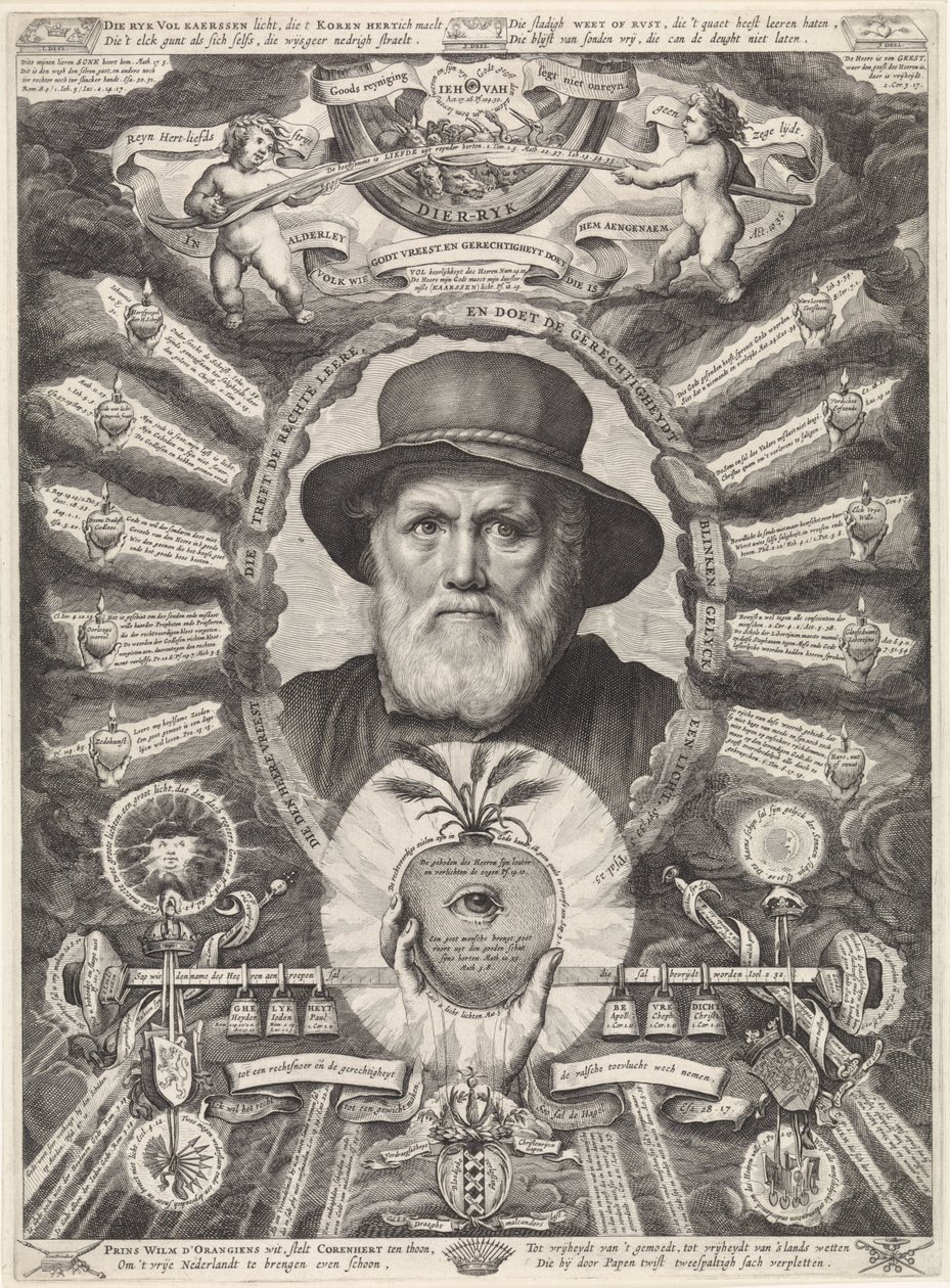 Retrato de Dirck Volckertsz. Coornhert em moldura alegórica de Theodor Matham