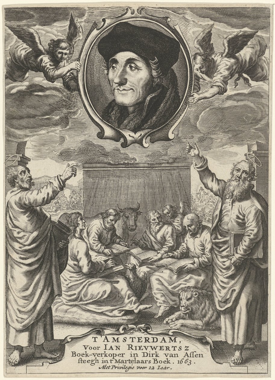 Retrato de Erasmo sobre quatro evangelistas de Theodor Matham