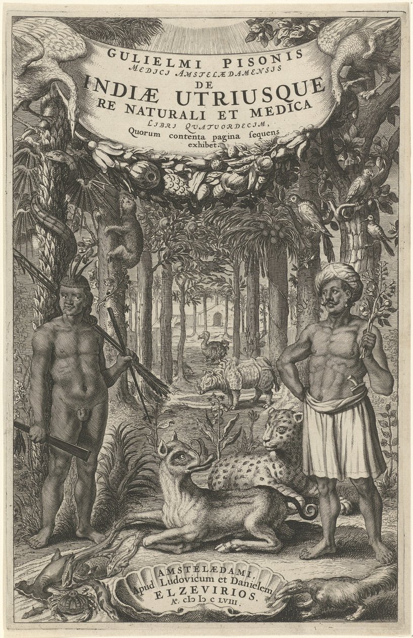 Dois homens e animais selvagens na frente de uma floresta Página de rosto para: Indiae Utriusque, 1658 de Theodor Matham