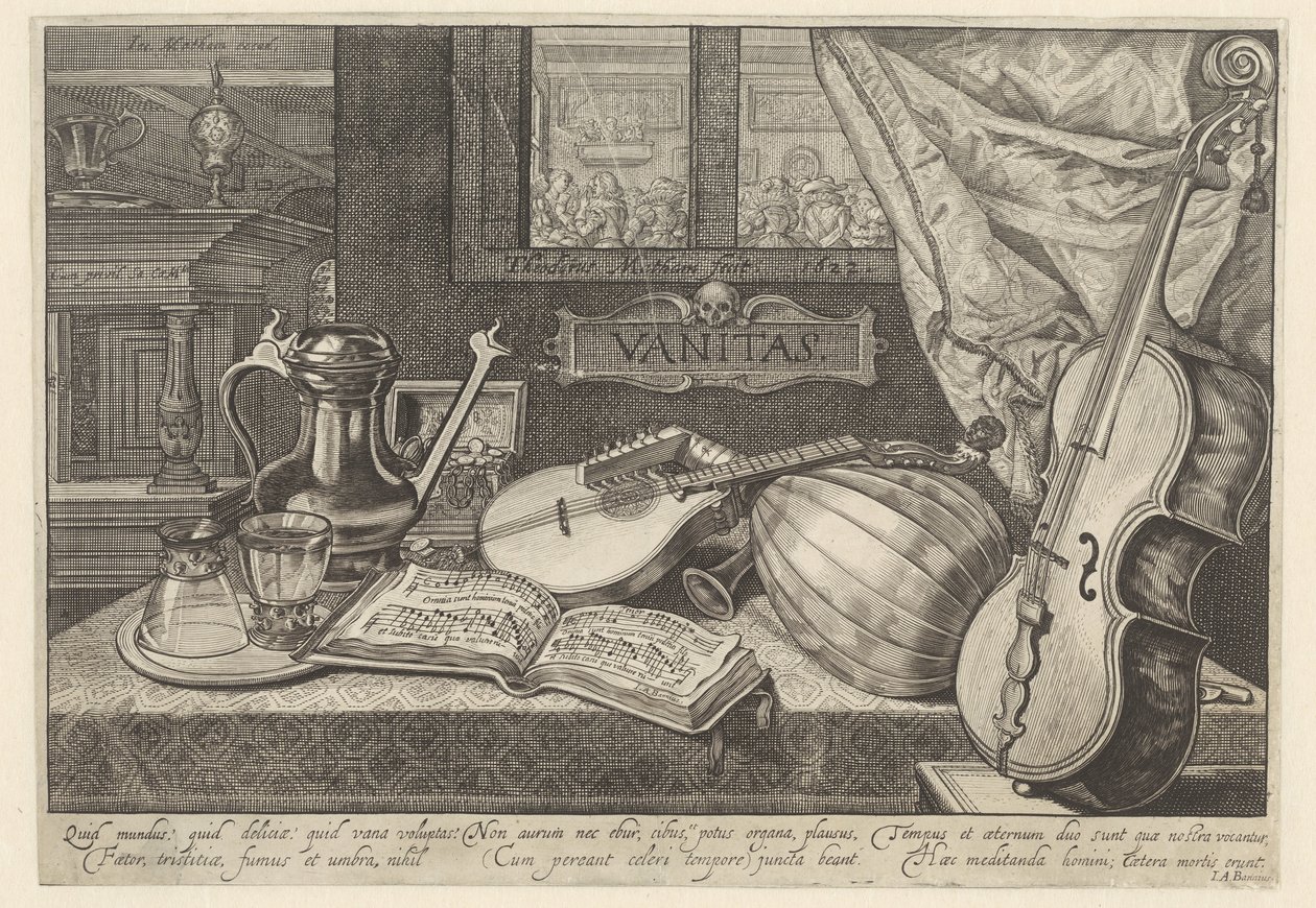 Vanitas naturezas mortas com instrumentos musicais de Theodor Matham