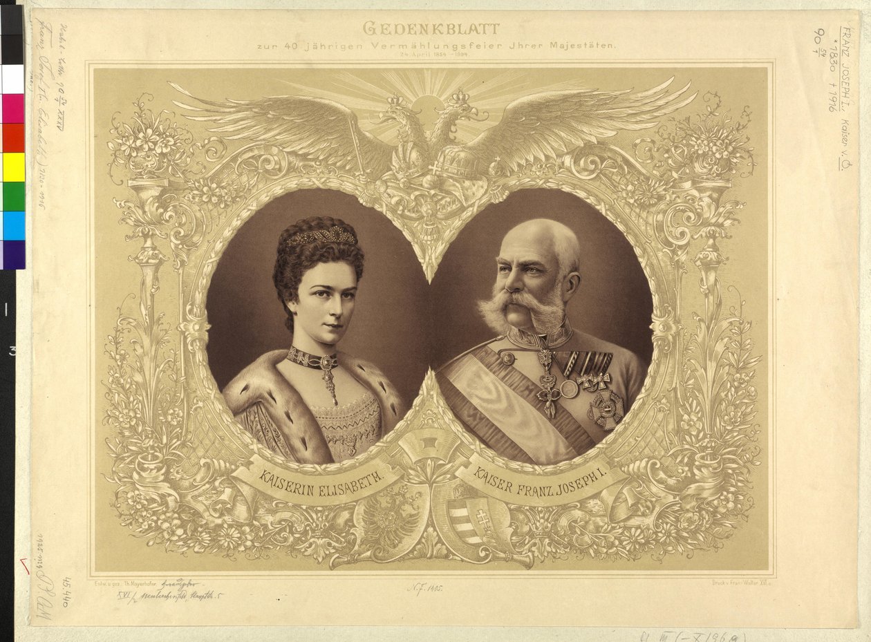 Imperador da Áustria com a família Papel comemorativo da cerimónia de casamento dos 40 anos de idade de Sua Majestade 24. abril de 1854 1894 de Theodor Mayerhofer