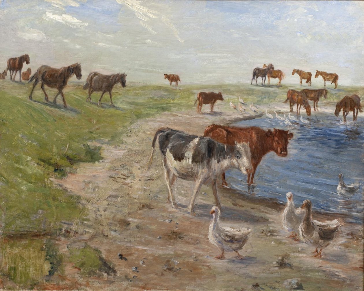 Bezerros e Gansos em um Wateringhole na Ilha de Saltholm de Theodor Philipsen