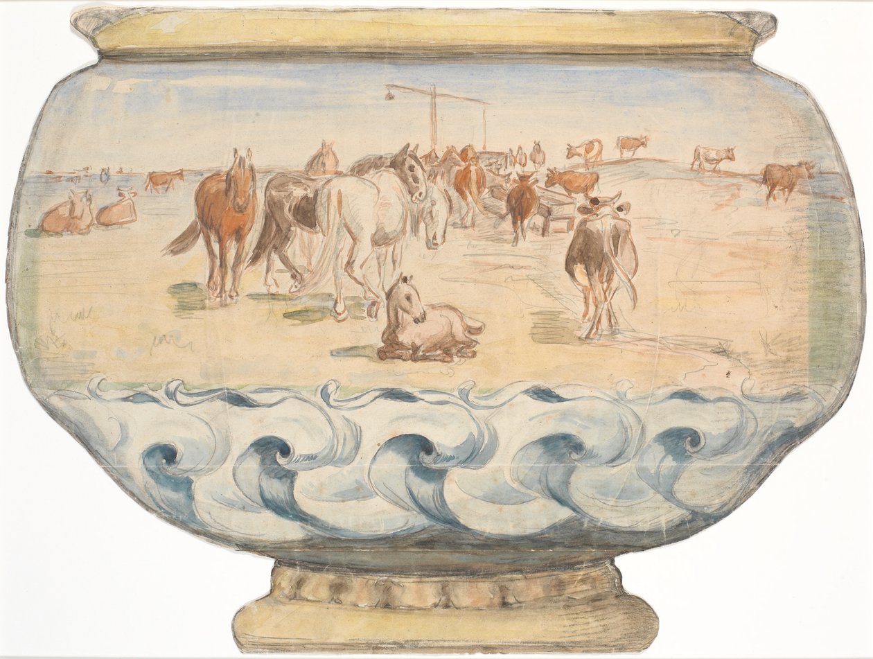 Cavalos e vacas no Holländerbrønden em Saltholm (tigela de ponche) de Theodor Philipsen
